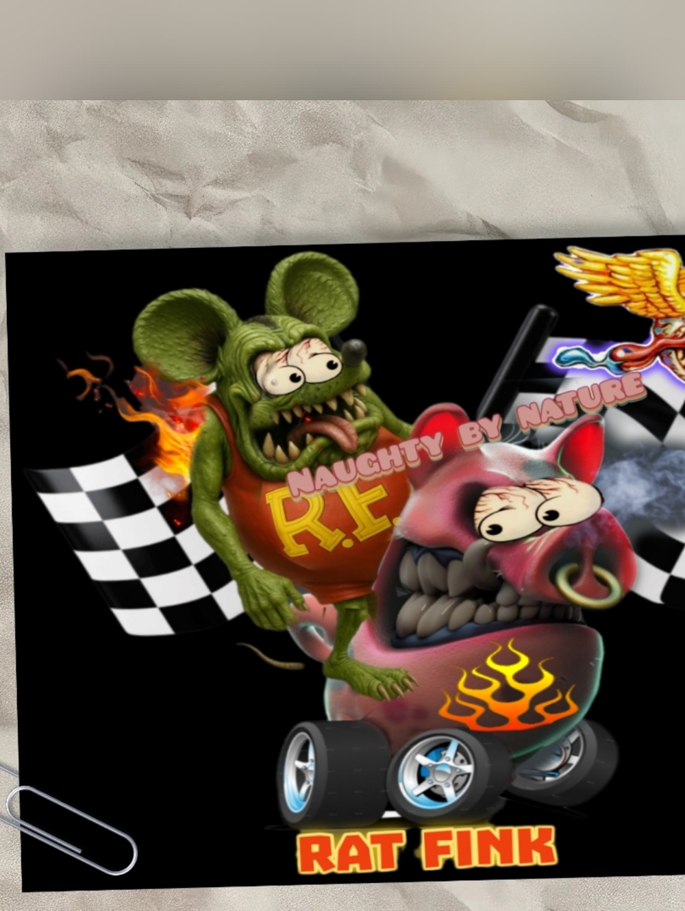 Rat Fink On A Hot Rod Hog Called Shakin Bacon With Flaming Tattoo Checkar Flag